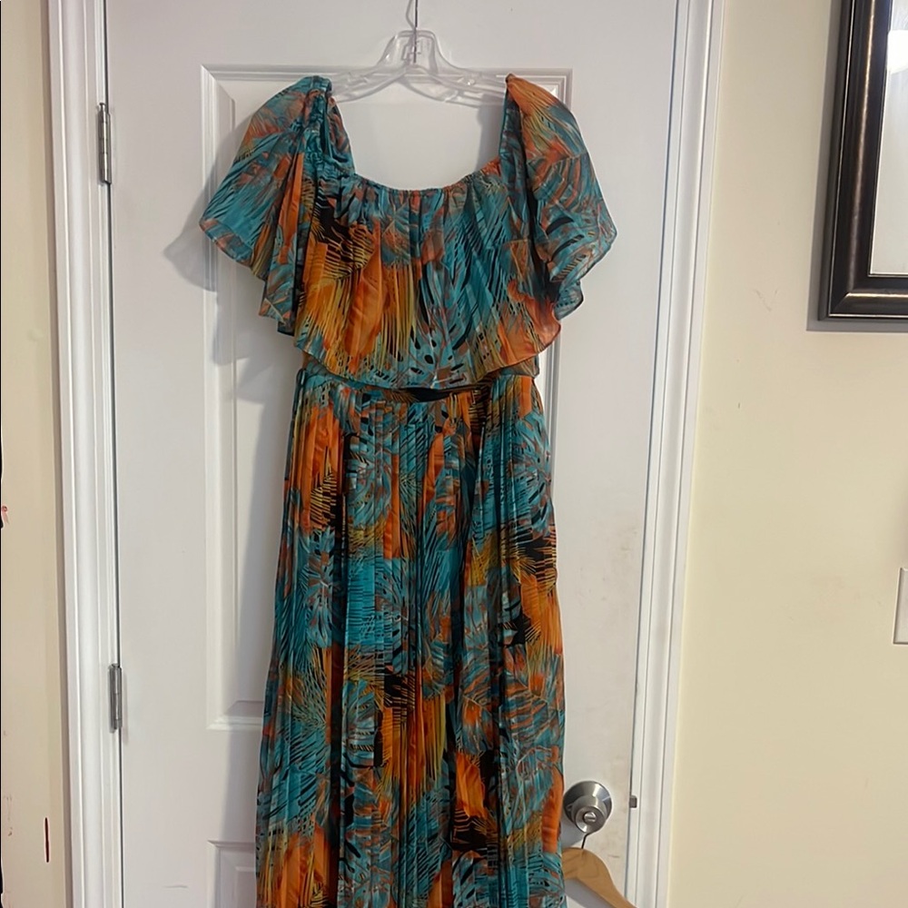 Fashion Nova Orange Blue Maxi Ruffled Dress